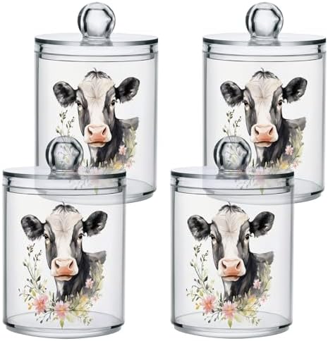 Fustylead 4 Pack Watercolor Hand Draw Cow and Flower Qtip Holder Dispensers for Cotton Swab, Ball, Round Pads, Floss, Plastic Apothecary Jar Set for Bathroom Canister Storage by Fustylead