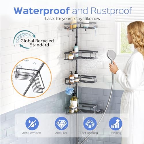 HAMITOR Shower Caddy Tension Pole: 4-Tier Corner Bathroom Organizer with Soap Holder - No-Drill Adjustable Storage Rack - 47-123 Inch Rustproof Space Saving Gray - Image 2