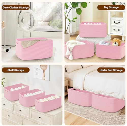 3 Pack Large Storage Basket for Organizing, 17.5"x13"x7" Woven Basket for Shelves, Closet Cube Storage Bins with Wrapped Handle, Cotton Rope Baskets for Kitchen, Clothes, Toys(Light Pink) - Image 5