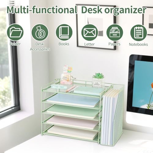 AUPSEN Desk Organizers and Accessories, 5-Tier Desktop Paper File Organizer with Removable File Holder, Desk Accessories & Workspace Organization for Home Office Supplies (Mint) - Image 3