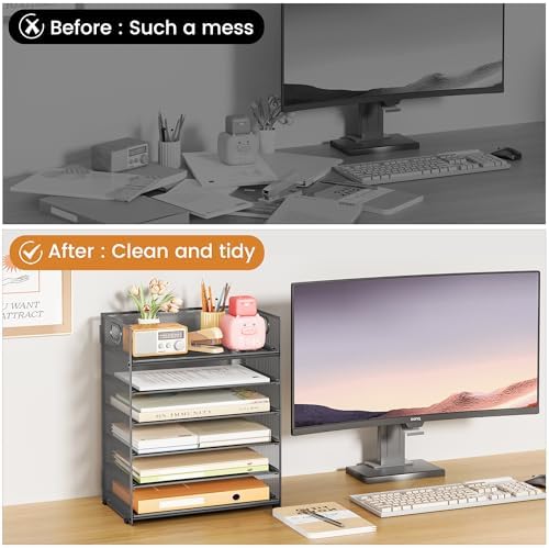 Subekyu 6-Tier Desk Paper Organizer, Desktop File Letter Tray with Handle, Document Sorter and Accessories Holder for Office, Home and School Workspace Organizers, Gray-2 Pack - Image 2