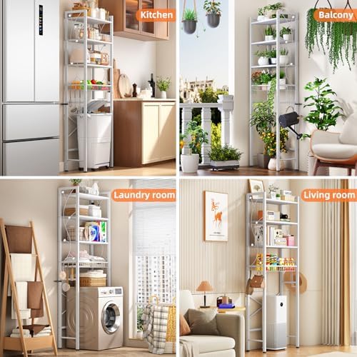 Over-The-Toilet Storage Rack, 4-Tier Bathroom Organizer Shelf Over Toilet with Adjustable Shelf and Basket, Freestanding Space Saver Bathroom Shelves Above Toilet for Room (Pure White) - Image 4