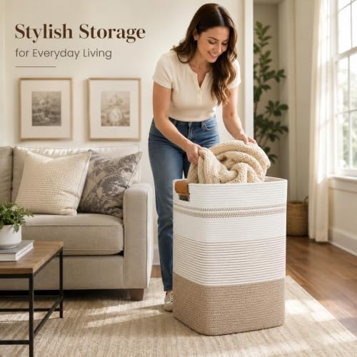 Laundry Hamper, Cotton Rope Laundry Basket with Leather Handles, 25.1-Gallon/95 L Large Clothes Hampers for Laundry, Woven Laundry Baskets for Blankets, Clothing, Bedroom, Living Room, Nursery - Image 4