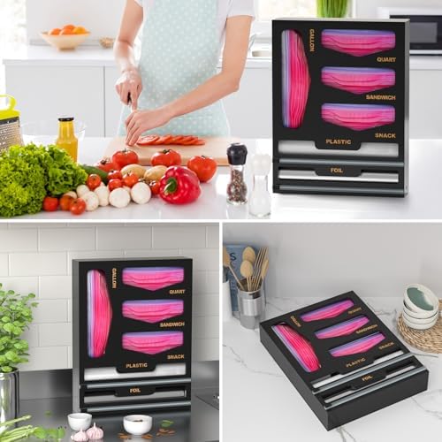 DALSHABET Bamboo Bag Organizer with Magnetic Closure, 6 In 1 Kitchen Drawer Foil and Plastic Wrap Dispenser with Cutter, Storage bag for Gallon, Quart, Sandwich, Snack Black - Image 7