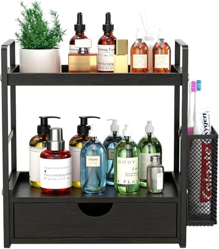 LEMIKKLE Bathroom Counter Organizer with Basket, Bathroom Organizers and Storage,Skincare Organizers for Vanity,Storage Organizers for Bathroom, Kitchen, Dresser (Black with Drawer) by LemikkleDirect