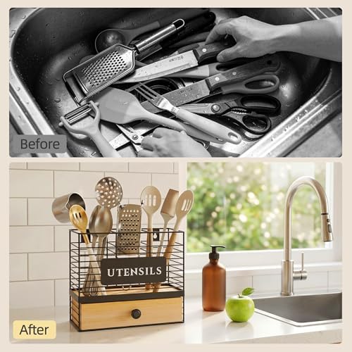 THYGIFTREE Kitchen Utensil Holder for Countertop, 2-in-1 Utensil Organizer with Drawer, Wall Mount or Counter Use, Utensil & Silverware Holder for Spatula, Cookware - Image 4
