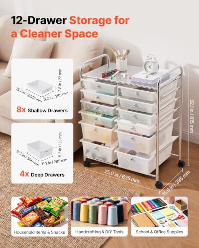 VEVOR Rolling Cart with Drawers, Double Row 12 Drawer Storage Organizer, Mobile Utility Cart with Chrome Steel Frame, Universal Casters & 2 Brakes, for Office, Classroom, Craft Room, Studio, Garage - Image 2