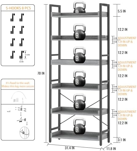 HCHQHS 6 Tier Bookshelf, Adjustable Industrial Bookcase, Vertical Tall Book Shelf, Wood and Black Metal Open Bookshelves for Home Office, Living Room, Bedroom - Image 3