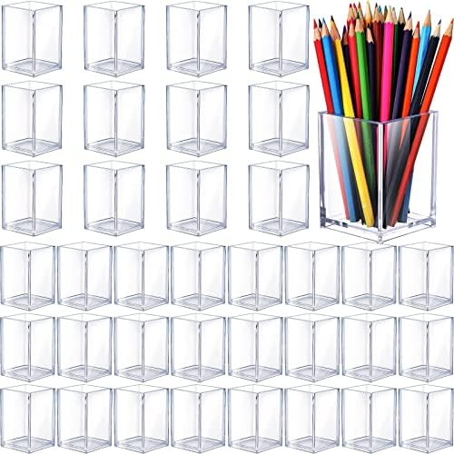 Sabary 36 Pack Acrylic Pencil Pen Holder Cup, 2.6 x 2.6 x 4 Square Storage Organizer for Pens, Colored Pencils Paintbrushes and Makeup Brush for Desk Drawers School Office Home Supplies(Transparent) by Sabary