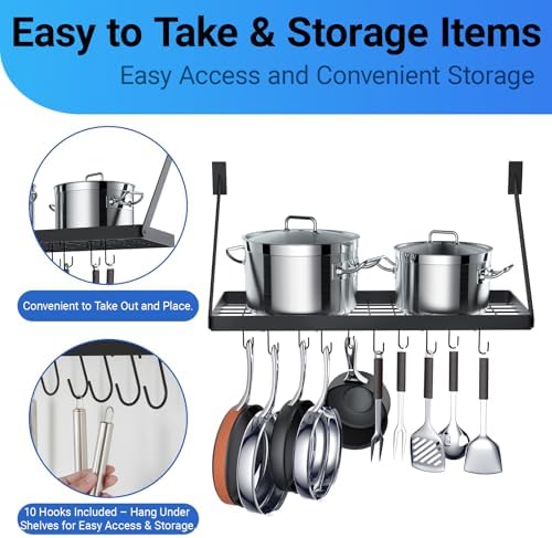 Miyili Pot Rack Square Grid Wall Mounted Kitchen Pot And Pan Organizer Shelf With 10 Hooks, 24 by 10-inch (Black), KR301B1 - Image 4