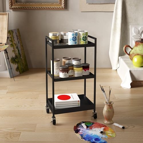 3-Tier Metal Utility Rolling Cart, Heavy Duty Multifunction Rectangular Cart with Lockable Casters, Easy to Assemble, Suitable for Office, Bathroom, Kitchen - Black - Image 5