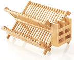 QUEENKAY Dish Drying Rack Collapsible 2-Tier Bamboo Dish Rack for Kitchen Counter Wooden Dish Drainer with Foldable Space-Saving Design for Dishes, Plates, and Cups by QUEENKAY