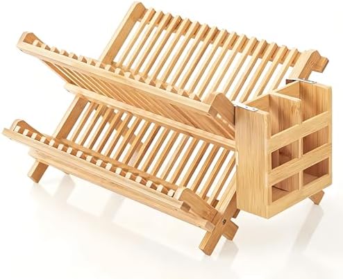 QUEENKAY Dish Drying Rack Collapsible 2-Tier Bamboo Dish Rack for Kitchen Counter Wooden Dish Drainer with Foldable Space-Saving Design for Dishes, Plates, and Cups by QUEENKAY