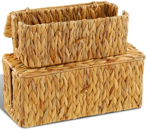 2 Pack Hand-Woven Cable Management Boxes, Natural Woven Cord Organizer with Lid, 2 Open Slots Cable Storage Basket to Hide Power Strip and Charger for Home Office and Dorm,Decorative Wicker Baskets by Unknown