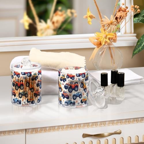 4 Pack Qtip Holder Dispenser with Lids,Cute Monster Trucks Plastic Storage Containers,Bathroom Canisters Organizer for Cotton Ball,Cotton Swab,Cotton Round Pads,Floss 21219995 - Image 6