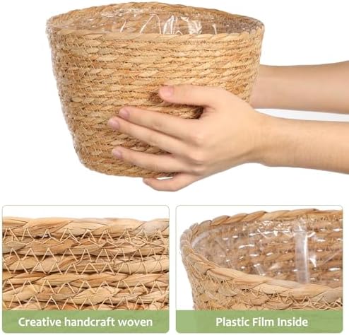 Beavorty Woven Flower Basket Seagrass Plant Basket with Plastic Liner Indoor Woven Plant Pot for Flowers Succulents Home Office Garden Decor 9.84 X 7.48 X 7.48 in - Image 7
