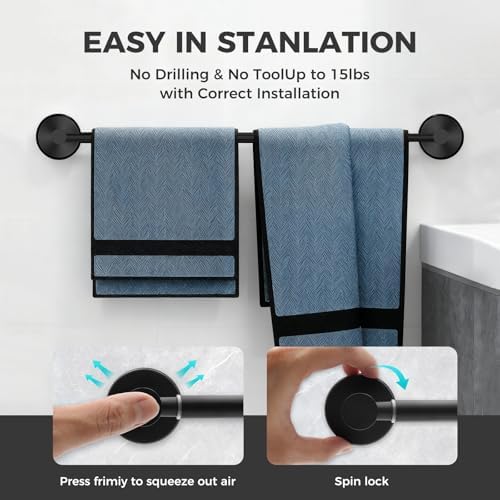 Adjustable Suction Cup Towel Bar for Bathroom Wall,14.6Inch~24 Inch Towel Racks for Bathroom,Stainless Steel Bath Towel Holder for Shower,2 Pack(Matte Black) - Image 3