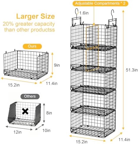 VyGrow 5 Tier Hanging Closet Organizer with Adjustable Dividers, Heavy-Duty Storage Shelves for Clothing, Kitchen, Laundry Room, Extra Large Baskets, 15.7" W x 11.8" D x 51" H, Black - Image 3