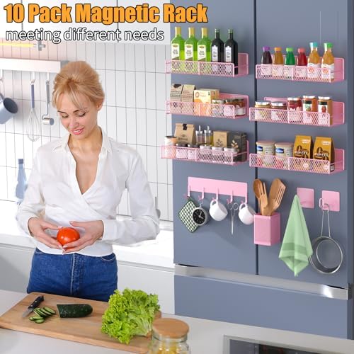 Magnetic Spice Rack for Refrigerator, 10 Pack Metal Magnetic Shelf, Moveable Spice Organizer with Hook Rack, Paper Towel Holder, Kitchenware Holder, Strong Magnetic Storage Fridge Organizer Pink - Image 6