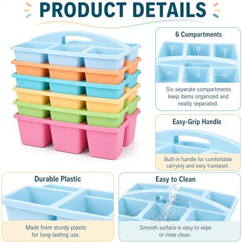 6 Pack Classroom Caddy with Handle, 6 Compartment (Pastel) - Image 3
