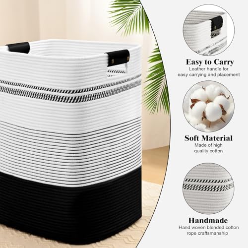 Laundry Hamper, 95L Tall Laundry Basket with Leather Handles, Rectangle Large Clothes Hamper for Organizing, Cotton Woven Laundry Baskets Storage Hampers for Bedroom, Nursery, Living Room - Image 5