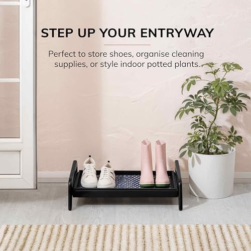 Anji Mountain Heavy Duty Waterproof Wooden Shoe Storage Mat Organizer/Boot Storage Tray Multi Use for Entryway with Coir, Blue and Ivory Insert, 1 Tier, Fits 2 Pair (26.5" Wide) - Image 2