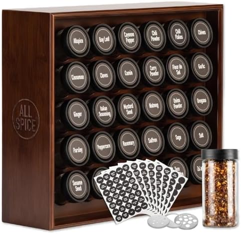 AllSpice Spice Rack Organizer, Wood, 525 Unique Labels, Countertop or Wall Mount, Includes 30 4oz Jars- Walnut Stain by AllSpice