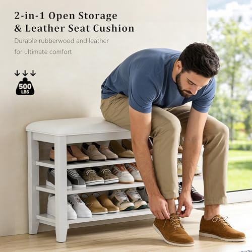 Taitiy Shoe Bench with 3 Tier Adjustable Shelves Rubberwood Entryway 47.2'' - Image 4