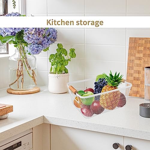 2Pack Metal Mesh Steel Basket with Bamboo Handle - Wire Metal Basket for Kitchen Organization, 12" Wide Food Organizer Bin, Perfect for Organizing Bulk Pantry (WHITE) - Image 6
