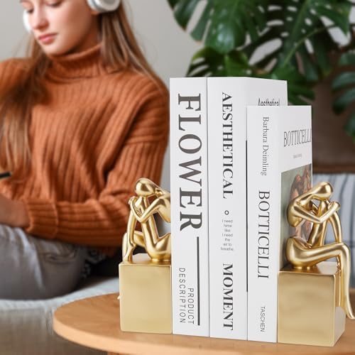 Gold Book Ends Bookends Girl Thinker Design,Bookshelf Accessories,Non-Skid Heavy Duty Resin Book Stopper for Books,Great Gifts for Book Lover,Modern Bookends for Shelves,Resin,1Pair/2Piece - Image 5