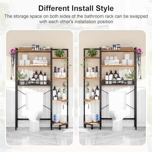 K1 Heavy Duty 7-Tier Over The Toilet Storage（With Basket and Paper Hook）Freestanding Above Toilet Shelf with Adjustable Feet，Space Saver Bathroom Shelves 9.3"D x 33.5"W x 63.8"H，Rustic Brown - Image 4