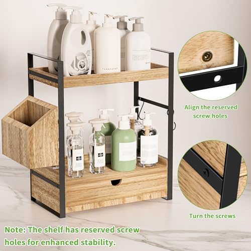 2-Tier Bathroom Counter Organizer, Wooden Vanity Shelf with Drawer & Basket - Image 3