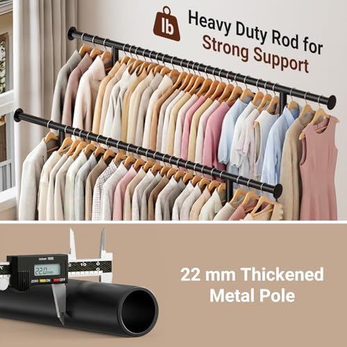 SLEEPING LAMB 44" Double Rods Clothes Rack for Hanging Clothes, Sturdy Wardrobe Clothing Rack with 3 Tier Shelves, Portable Rolling Garment Rack With Wheels for Bedroom, Laundry Living Room, Black - Image 4