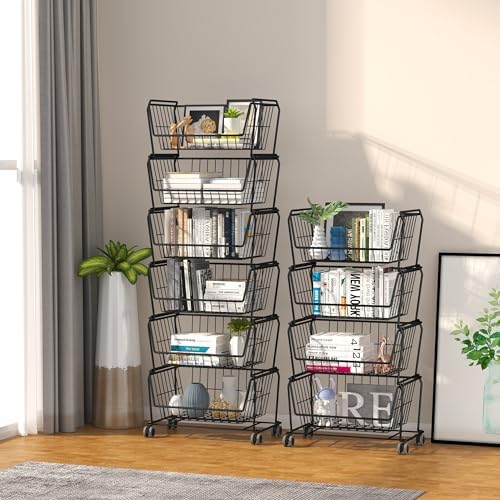 PUSDON 4-Tier Spacious Stackable Wire Storage Baskets with Wheels, Metal Rolling Utility Cart, Produce Basket for Pantry, Bathroom Organizer Shelf, Matte Black - Image 6