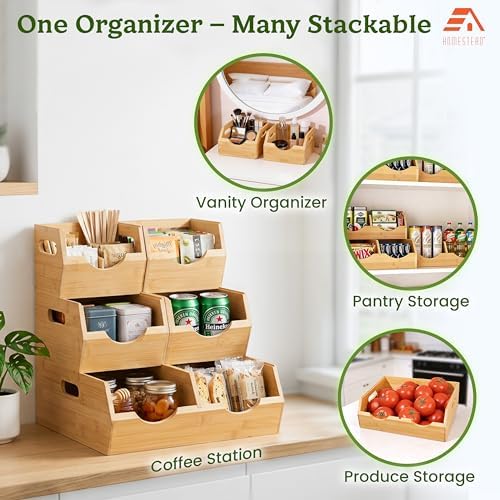HOMESTEAD 3-Tier Bamboo Pantry Storage Bins – Stackable Potato & Onion Storage Bin with Handles, Fruit Basket & Produce Organizer for Kitchen Countertop, Pantry Organization, Set of 5 - Image 5