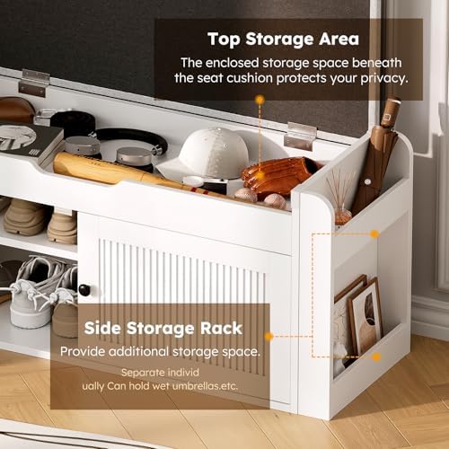 39.4" Storage Bench - Entryway Shoe Bench with Side Storage Shelves and 2 Doors, Multifunctional Entryway Bench with Lift Top Cushion, Shoe Storage Bench for Bedroom, Living Room, White - Image 5