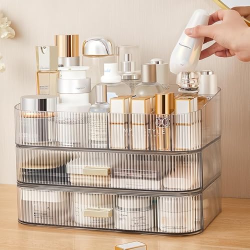 Clear Makeup Organizer for Vanity, Large Desk Organizer with Stackable Drawers for Cosmetics, Skincare, Lipsticks, Eyeshadow Palette, Nail Care, Ideal Storage for Dresser and Bathroom Countertop - Image 3