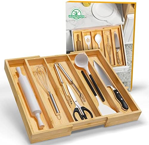 Bamboo Utensil Organizer Cutlery Organizer - Expandable 5 Slots Multipurpose Kitchen Drawer Organizer for Large Cooking Utensils, Baking Tools, Knife Set W13.7"-19.9" x L17.6" X H2.5"(Yellow) - Image 7
