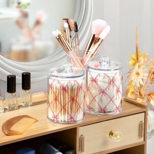 4 Pack Holder Dispenser with Lid Pink Bow Plaid Pattern Clear Vanity Canisters Jars Cotton Balls Pads Swabs Holder for Bathroom Office Dresser Organization - Image 2