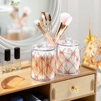4 Pack Holder Dispenser with Lid Pink Bow Plaid Pattern Clear Vanity Canisters Jars Cotton Balls Pads Swabs Holder for Bathroom Office Dresser Organization - Image 2