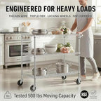 Finnhomy 3 Tier Heavy Duty Commercial Grade Utility Cart, Wire Rolling Cart with Handle Bar, Steel Service Cart with Wheels, Kitchen Carts on Wheels, Metal Cart Shelf Size 24" D x 36" W, NSF, Chrome - Image 7