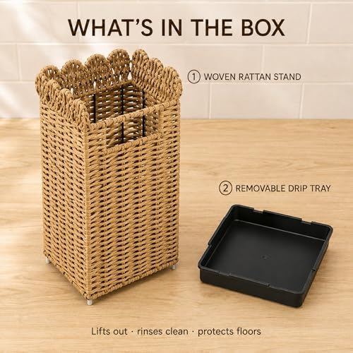 AceList Woven Umbrella Holder for Entryway, Rattan with Drip Tray - Image 2