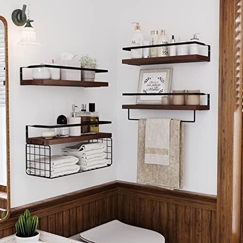 Wood Floating Shelves Wall Mounted - 4+1 Tier Rustic Bathroom Wall Shelves Over Toilet with Wire Storage Basket and Towel Bar, Set of 4 Farmhouse Floating Shelf for Bathroom, Kitchen, Bedroom. - Image 3
