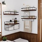 Wood Floating Shelves Wall Mounted - 4+1 Tier Rustic Bathroom Wall Shelves Over Toilet with Wire Storage Basket and Towel Bar, Set of 4 Farmhouse Floating Shelf for Bathroom, Kitchen, Bedroom. - Image 3