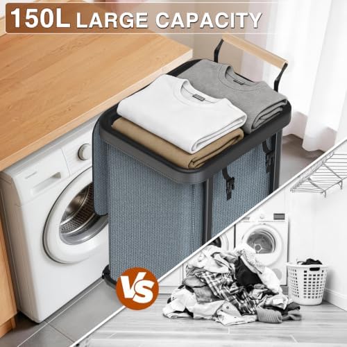 Laundry Hamper with Lid,Leather Patchwork Laundry Basket with Wheels Grey - Image 4