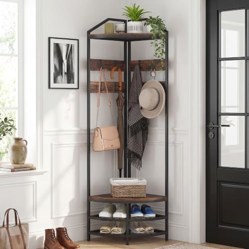 HOMCOM Corner Hall Tree, 4-Tier Coat Rack with Shoe Storage, Rustic Brown by HOMCOM