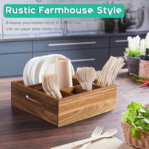 ALELION Acacia Wood Utensil Holder for Party - Paper Plate Organizer for Countertop - Silverware Caddy with 6 Compartments for Plate, Cup, Fork, Spoon - Cutlery Holder for Kitchen Camping Buffet - Image 4