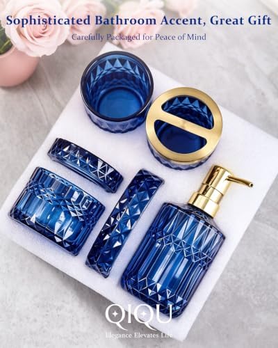 Bathroom Accessories Set, 5Pcs Glass Bathroom Accessories, Soap Dispenser, Soap Dish, Toothbrush Holder Set, Tumbler, Qtips Holder for Vintage Crystal Bath Decor (Navy Blue) - Image 6