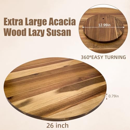 26'' Acacia Wooden Lazy Susan with 360 Rotation for Dining Table Top,Extra Large Wooden Serving Tray with Heavy Duty Rotating Wheel for Kitchen,Dining Table - Image 5