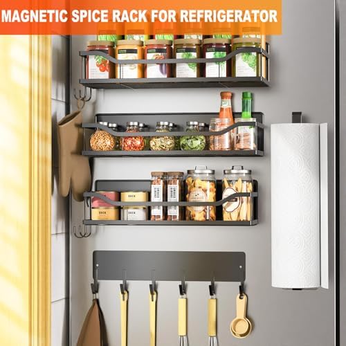 5 Pack Multifunctional Magnetic Shelves for Refrigerator Spice Rack & Washing Machine Organize, Include Paper Towel Holder, Kitchen Utensil Hanger and Hooks, Strong Magnet for Secure Hold (Black) - Image 6